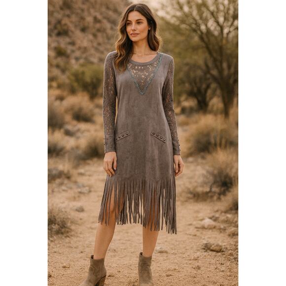 Pretty Angel Gray Linen Cotton Blend Fringe Western Boho Tunic Dress | M/L - Picture 1 of 11